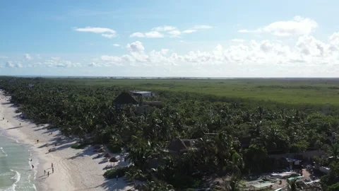Aerial panoramic view of Tulum Beach in México Stock Footage 142847846