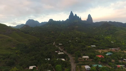 Aerial panoramic view of unique spire peaks of basalt pillars on Ua Pou island Stock Footage 91219986