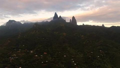 Aerial panoramic view of unique spire peaks of basalt pillars on Ua Pou island Stock Footage 91380666