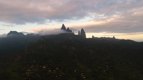 Aerial panoramic view of unique spire peaks of basalt pillars on Ua Pou island Stock Footage 91380870