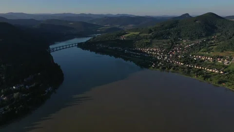 Aerial panoramic view of Vah river above Nosice river dam Stock Footage 138342691