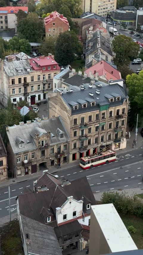 Aerial panoramic view of Vilnius cityscape during sunset with historic buildings Stock Footage 294255369