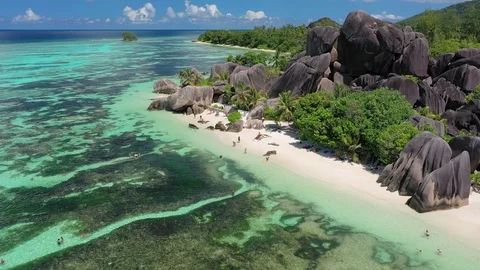 Aerial panoramic view of white sand beach -  Anse Union, La Digue Seychelles Stock Footage