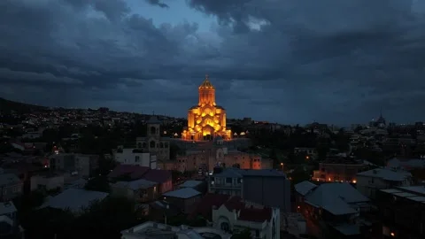 Aerial Panoramic View Of The Wonderful Trinity Cathedral of Tbilisi Stock Footage 310342396