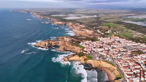 Aerial panoramic view of Zambujeira do Mar village in Alentejo, Portugal Stock Footage 265025227