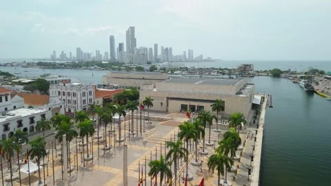 Aerial parallax around Centro de Convenciones convention center on Cartagena Stock Footage 337391407