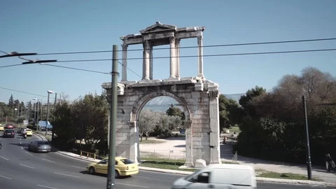 Aerial parallax elevated view of the Arch of Hadrian, sightseeing Athens. Stock Footage 72842251