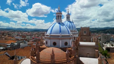 Aerial parallax of the three iconic blue and white domes of the New Cathedral 스톡 동영상 327831728