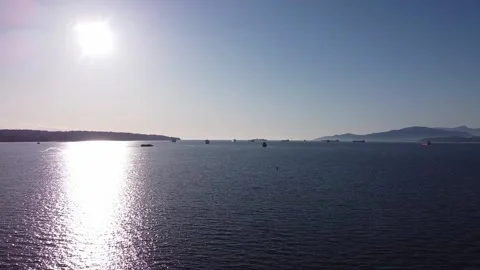 Aerial parallel panoramic summer flight over a sunset light flare at Stock Footage 142161684