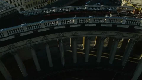 Aerial parallel view of a colonnade of the Kazan Cathedral in the historical cit Stock Footage 207315473