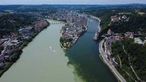 Aerial Passau, Germany: approaching the confluence of Danube, Inn and Ilz rivers Stock Footage 338192209