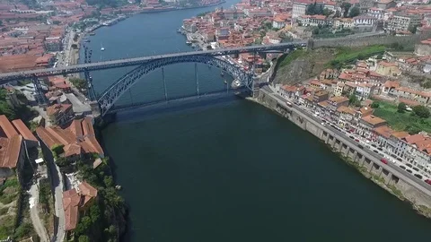 Aerial passing over bridge river douro porto 2 Stock Footage 78365847