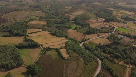 Aerial Patchwork Farm Fields And Country Roads In Salto Montalegre Portugal Stock Footage 342874460