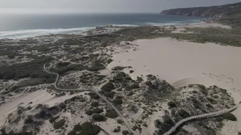 Aerial path Guincho Beach Cascais Portugal sand dunes Cabo da Roca Stock Footage 194769970