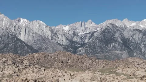 Aerial ped down of Mount Whitney, California with Alabama Hills in the Stock Footage 277872266