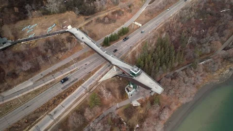 Aerial of the Pedestrian Bridge &amp; Elevator In Edmonton, Alberta, Canada Stock Footage 320953560