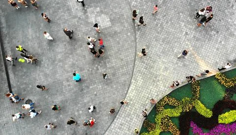Aerial. People crowd on a city square  with flower bed. Top view. Stock Photos