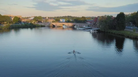 Aerial: People Rowing on the Charles River at Harvard University. Boston, Stock Footage