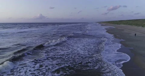 Aerial Person walking on empty beach shoreline Stockbeeldmateriaal 232028008