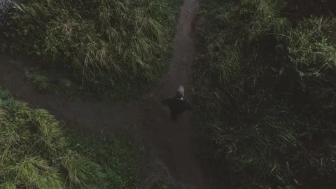 Aerial of person walking through forest near beach and sea with rocks, Oregon Vidéo 123744997