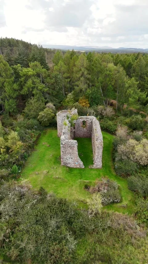 Aerial Perspective of Abandoned Medieval Stone Castle in Nairn, Scotland Stock Footage 330666121