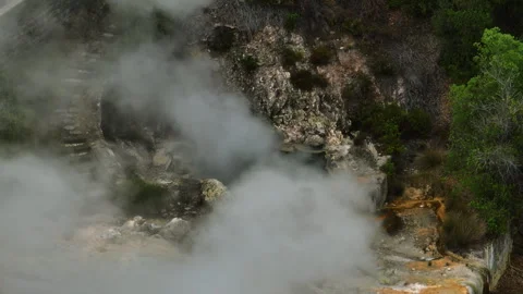 Aerial perspective of an active geothermal fumarole in Furnas, Sao Miguel Island Stockbeeldmateriaal 335724298