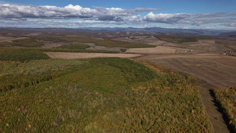 An aerial perspective captures a vast, rolling countryside landscape featuring 库存影片 348228227