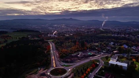 Aerial perspective capturing dawn over residential traffic patterns and Stock Photos