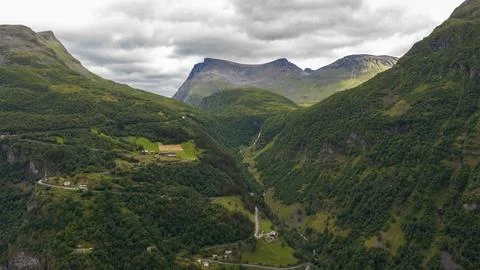 Aerial perspective of deep glacial valley in Homlung, Norway, showing dense c Fotos de archivo