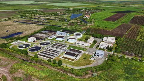 Aerial perspective of ecofriendly sewage processing complex. Photograph Stock Footage 340151166