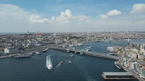 Aerial perspective of the Galata Bridge crowded with boats and traffic. Stock Footage 328918641