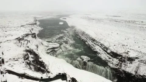 Aerial Perspective of Gullfoss Waterfall and Hvítá River in Iceland Stock Footage 306285026