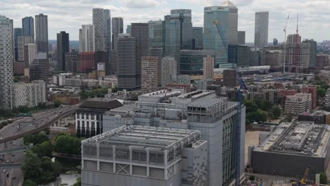 Aerial perspective of a large modern data center in Canary Wharf, London Stock Footage 339125196