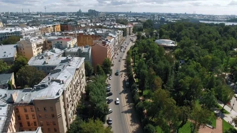 Aerial perspective of serene street with rooftop terraces, Saint Petersburg Stock Footage 319829659
