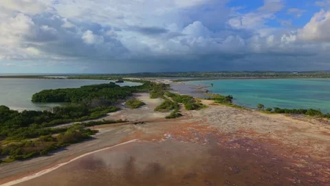 Aerial perspective of a serene, tropical beachfront paradise in Puerto Rico 스톡 동영상 340832311