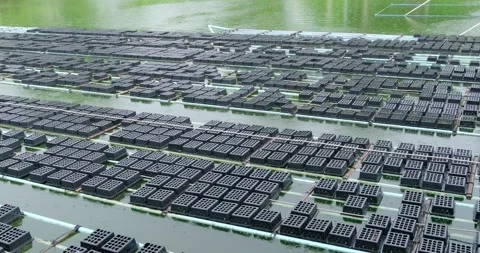 Aerial perspective of soft shell crab farming operations in a picturesque Stockbeeldmateriaal 344029698