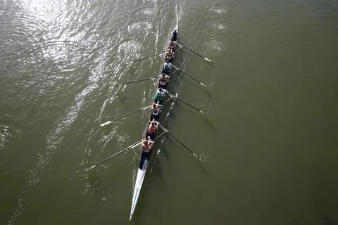Aerial perspective of synchronized rowers training in long racing shell on .. Stock Photos