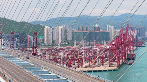 Aerial Perspective Of Traffic Flowing Over Stonecutters Bridge In Hong Kong Stock Footage 340779466