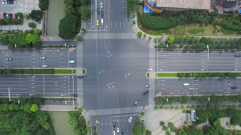 Aerial perspective of traffic at roadway intersection in nanjing city Stock Footage 74397544
