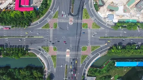 Aerial perspective of traffic at roadway intersection in nanjing city Stock Footage 74397920
