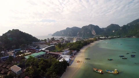 Aerial Phi Phi Island beach Thailand Stockbeeldmateriaal 80027174