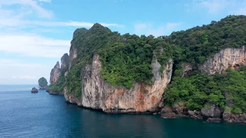 Aerial Phi Phi island ocean bay low tide. Clear water, white sand beach Stock Footage 229714611