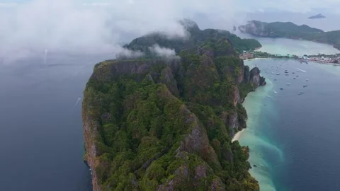 Aerial of Phi Phi island with turquoise waters and bays, Thailand Stock Footage 307439486