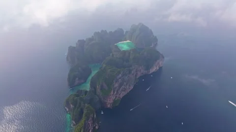 Aerial of Phi Phi Lee with famous Maya Bay and turquoise lagoon Stock Footage 303358217