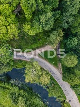 Aerial Photo of Road going by the River under the Trees, Top Down View, Spring Stock Photos