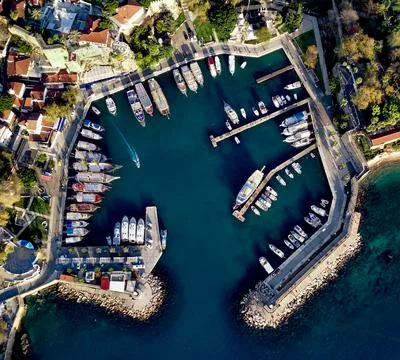 Aerial photograph of Antalya bay in Antalya city from high point of drone fly Stock Photos