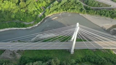 Aerial photography of a cable-stayed bridge in a mountain gorge with a green Vidéo 145575424