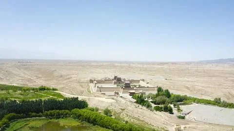 Aerial Photography of Distant View of Oasis and Gobi at Jiayuguan Ancient City Stock-Footage 337150860