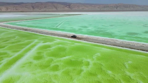 Aerial Photography of Distant View of Regular Long Strip Salt Lake Highway at Video stock 337149528