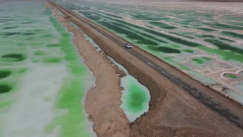 Aerial Photography of Double Row Parallel Terraced Salt Lake Highway Scenery at Video stock 337150052